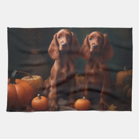 Irish Red Setter Welppy Autumn Delight Pumpkin Geschirrtuch (Horizontal)