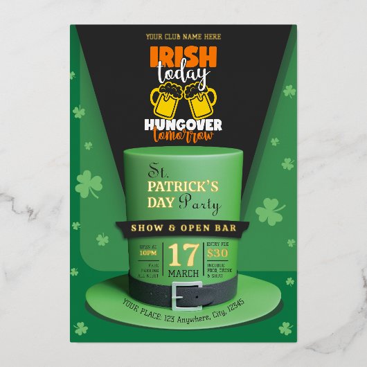 Irish Retro Modern St Patrick's Day Party Open Bar Folieneinladung (Vorderseite)
