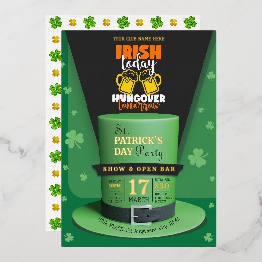 Irish Retro Modern St Patrick's Day Party Open Bar Folieneinladung (Vorderseite/Rückseite)