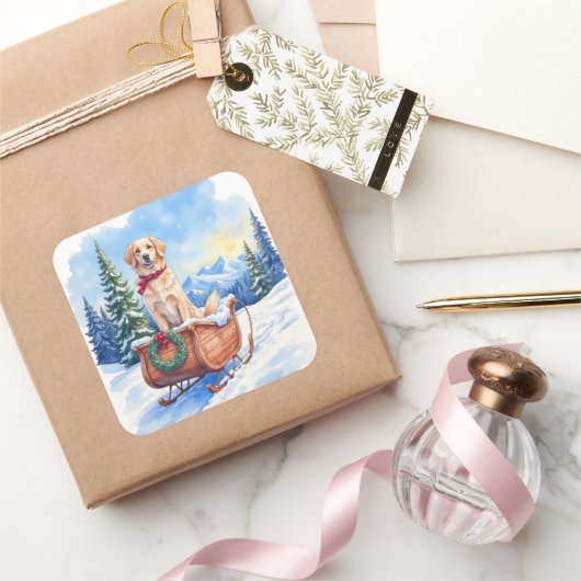 Irish Setter Enjoying Christmas Sleigh Ride Winter Quadratischer Aufkleber (Schenken)