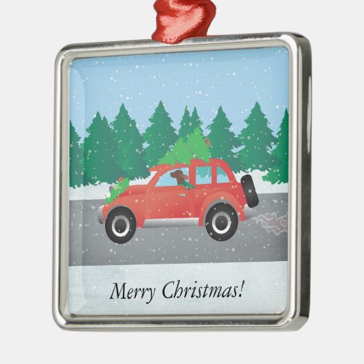 Irish Setter Fahren eines Autos mit einem Baum obe Silbernes Ornament (Links)