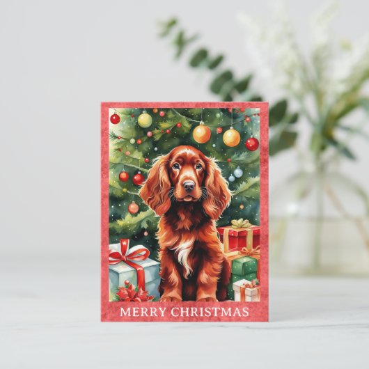 Irish Setter Frohe Weihnachten Niedlicher Welpenhu Postkarte (Stehend Vorderseite)
