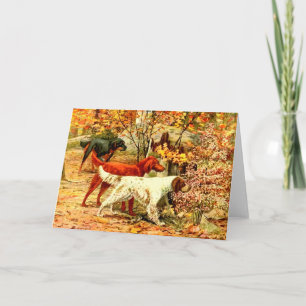 Irish Setter Hund im Herbstwald jagt Vintage Karte