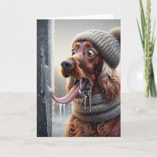 Irish Setter Hund leckt einen gefrorenen Pole Feiertagskarte