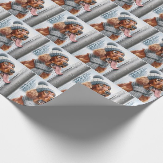 Irish Setter Hund leckt einen gefrorenen Pole Geschenkpapier (Ecke)