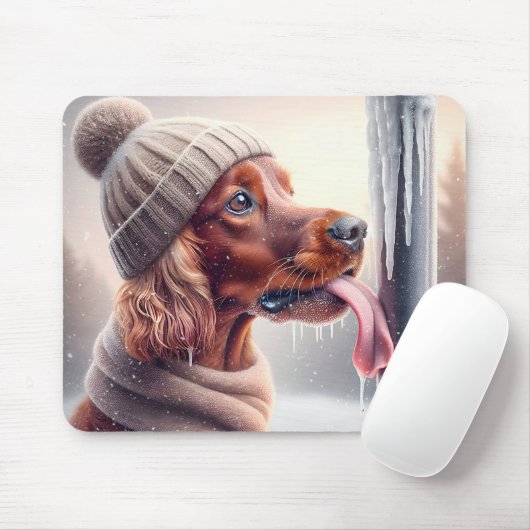 Irish Setter Hund leckt einen gefrorenen Pole Mousepad (Mit Mouse)