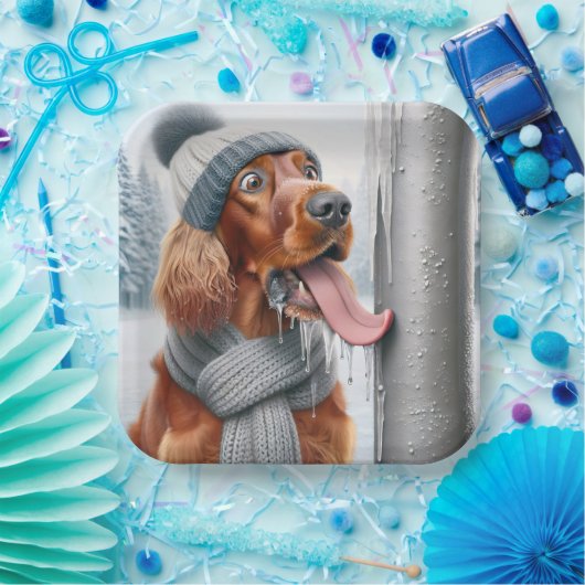 Irish Setter Hund leckt einen gefrorenen Pole Pappteller (Party)