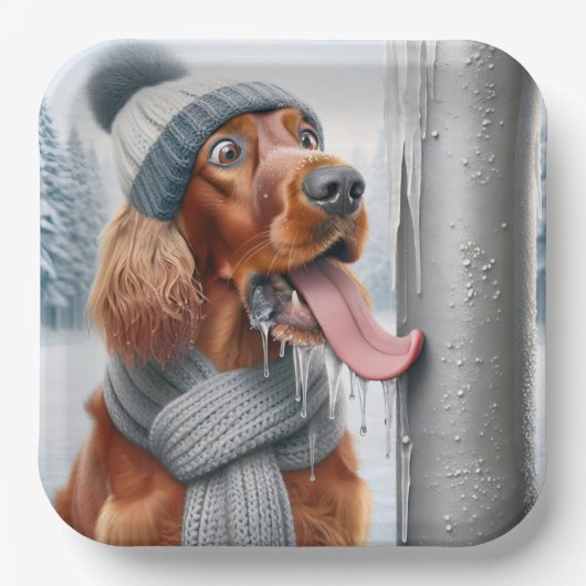 Irish Setter Hund leckt einen gefrorenen Pole Pappteller (Vorderseite)