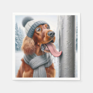 Irish Setter Hund leckt einen gefrorenen Pole Serviette