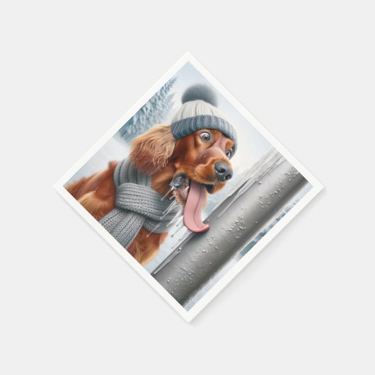 Irish Setter Hund leckt einen gefrorenen Pole Serviette (Ecke)