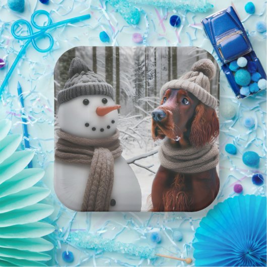 Irish Setter Hund mit einem Schneemann Pappteller (Party)