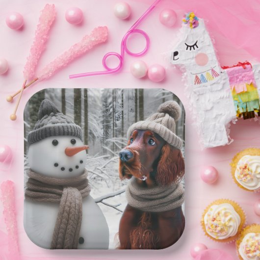 Irish Setter Hund mit einem Schneemann Pappteller (Party)