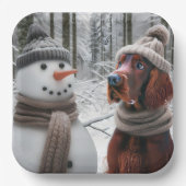 Irish Setter Hund mit einem Schneemann Pappteller (Vorderseite)