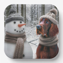 Irish Setter Hund mit einem Schneemann