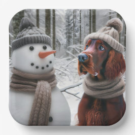 Irish Setter Hund mit einem Schneemann Pappteller
