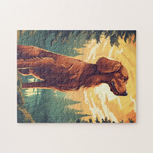 Irish Setter im Wald bei Sonnenuntergang Puzzle (Horizontal)