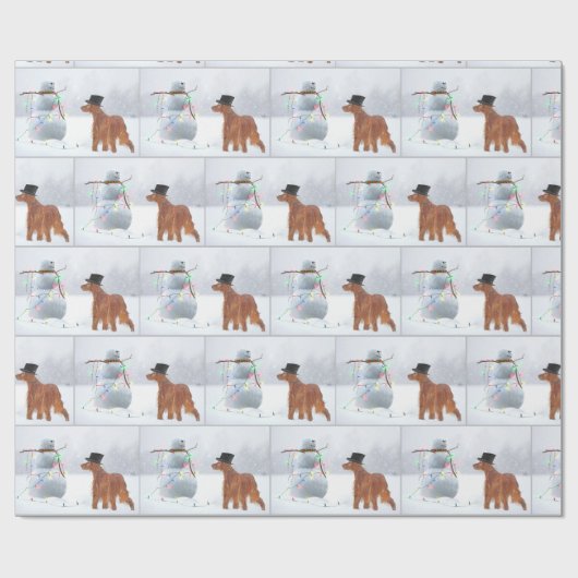 Irish Setter in Snowflakes mit Weihnachtsschneeman Geschenkpapier (Flach)