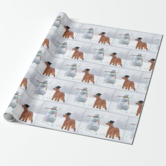 Irish Setter in Snowflakes mit Weihnachtsschneeman Geschenkpapier (Ungerollt)