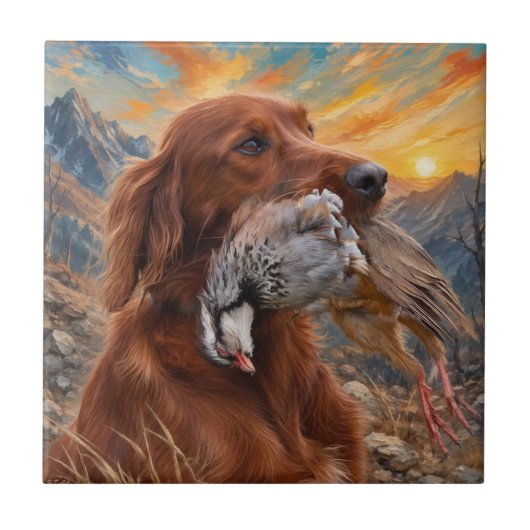 Irish Setter mit Chukar Rebhuhn ,Art Fliese (Vorderseite)