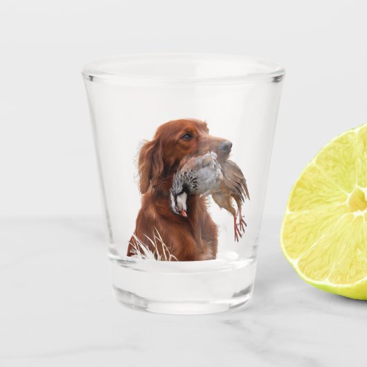 Irish Setter mit Chukar Rebhuhn ,Art Schnapsglas (Vorderseite)