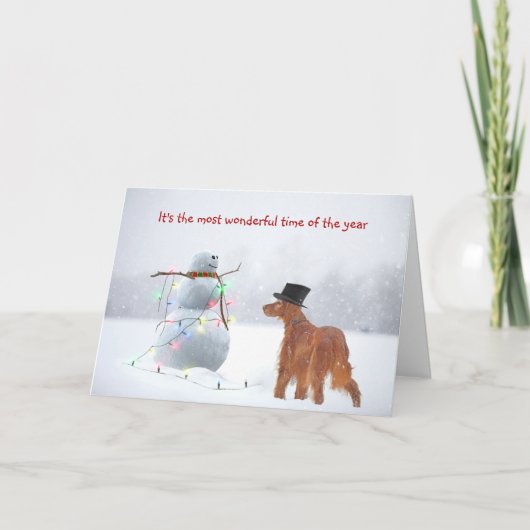 Irish Setter mit Holiday Snowman Feiertagskarte (Vorderseite)