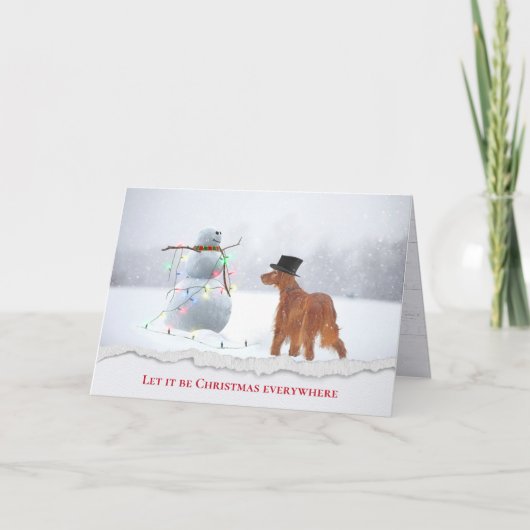 Irish Setter mit Snowman Feiertagskarte (Vorderseite)