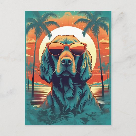 Irish Setter mit Sonnenbrille am Strand Postkarte (Vorderseite)