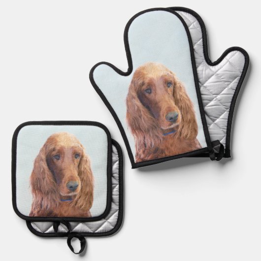 Irish Setter Painting Red Niedlich Original Dog Ar Ofenhandschuh & Topflappen-Set (Vorderseite/Rückseite)