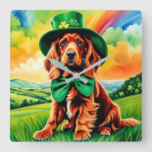 Irish Setter Puppy - St Patricks Day Quadratische Wanduhr