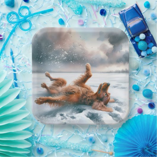 Irish Setter Rolling in Snow Pappteller (Party)