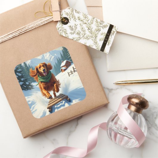 Irish Setter Schlittenfahrt-Abenteuer Weihnachtsma Quadratischer Aufkleber (Schenken)