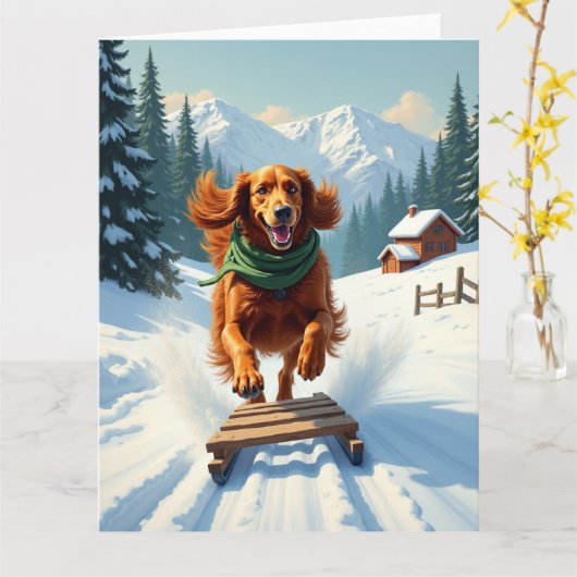 Irish Setter Sledding Adventure Christmas Painting Karte (Gelbe Blume)