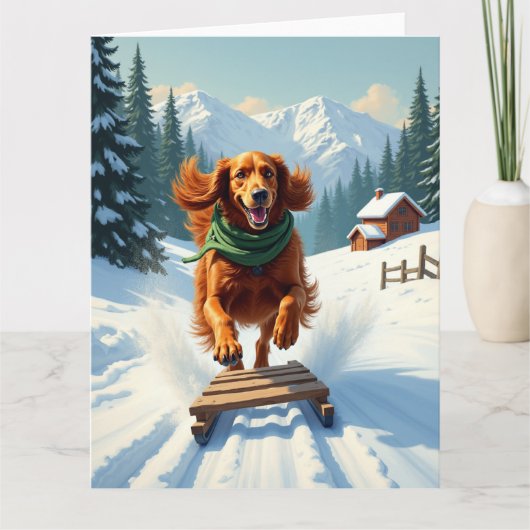 Irish Setter Sledding Adventure Christmas Painting Karte (Vorderseite)