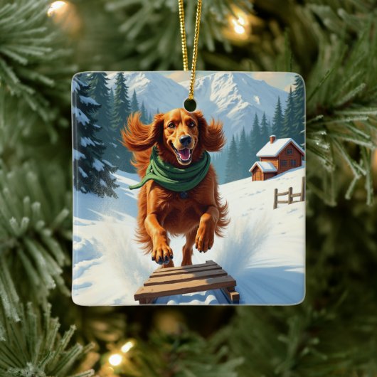 Irish Setter Sledding Adventure Christmas Painting Keramikornament (Baum)