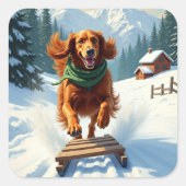 Irish Setter Sledding Adventure Christmas Painting Quadratischer Aufkleber (Vorderseite)