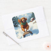 Irish Setter Sledding Adventure Christmas Painting Quadratischer Aufkleber (Umschlag)