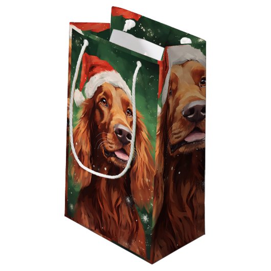 Irish Setter Weihnachtsmalerei Kunstwerk Kleine Geschenktüte (Rückseite Schrägansicht)