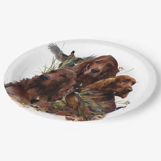 Irish Setters with Pheasants - Passion Hunt Pappteller (Schrägansicht)