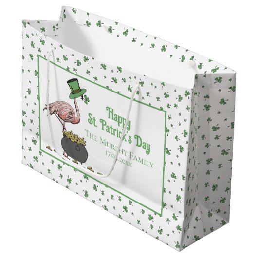 Irish Shamrock Pink Flamingo St Patricks Day Große Geschenktüte (Vorderseite Schrägansicht)