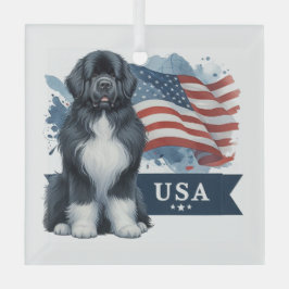 Irish Spot Newfie Patriotic Square Ornament Aus Glas