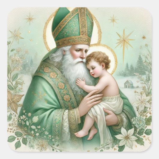 Irish St Patrick Baby Jesus Floral Weihnachten Quadratischer Aufkleber (Vorderseite)
