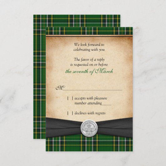 Irish Tartan Celtic Claddagh Lucky Wedding RSVP (Vorne/Hinten)