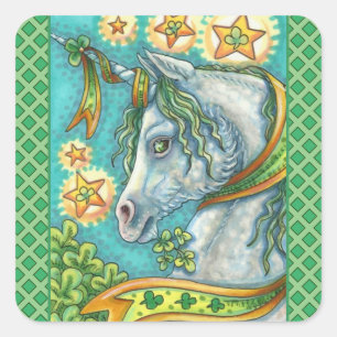 IRISH UNICORN, ST. PATRICK'S DAY FANTASY HORSE QUADRATISCHER AUFKLEBER