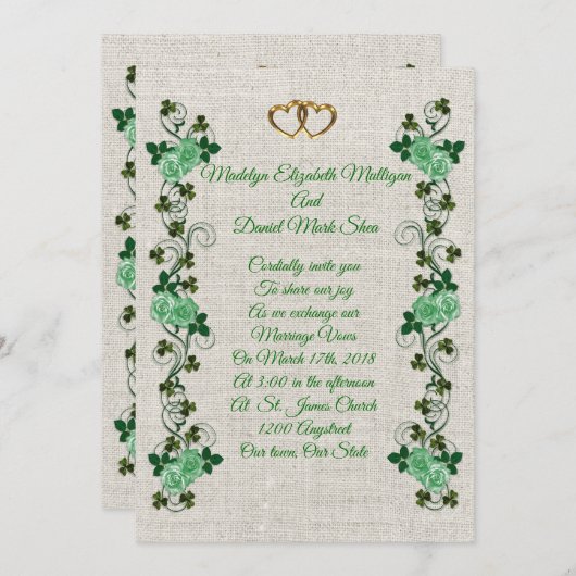 Irish Wedding Einladung Kleeblatts und grüne Rose (Vorne/Hinten)
