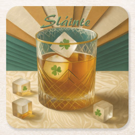 Irish Whiskey Tumbler Shamrock Ice "Sláinte!" Rechteckiger Pappuntersetzer
