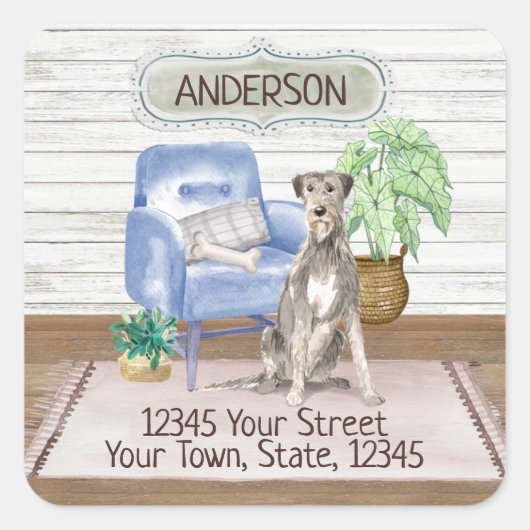 Irish Wolfhound Cozy New Zuhause Address Quadratischer Aufkleber (Vorderseite)