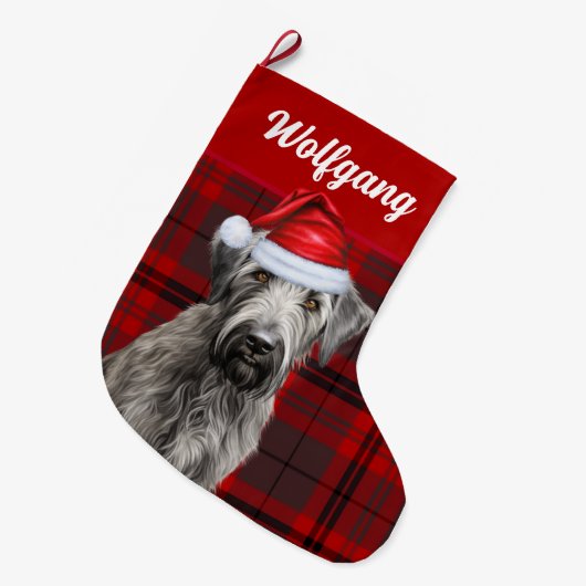 Irish Wolfhound Dog Red Holiday Plaid Personalized Großer Weihnachtsstrumpf (Vorderansicht (hängend))