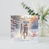 Irish Wolfhound Dog Walking Snow Frohe Weihnachten (Stehend Vorderseite)