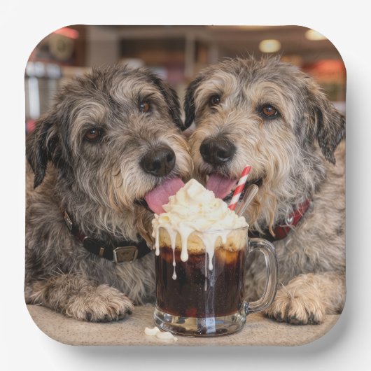 Irish Wolfhound Hunde genießen ein Root Beer Float Pappteller (Vorderseite)