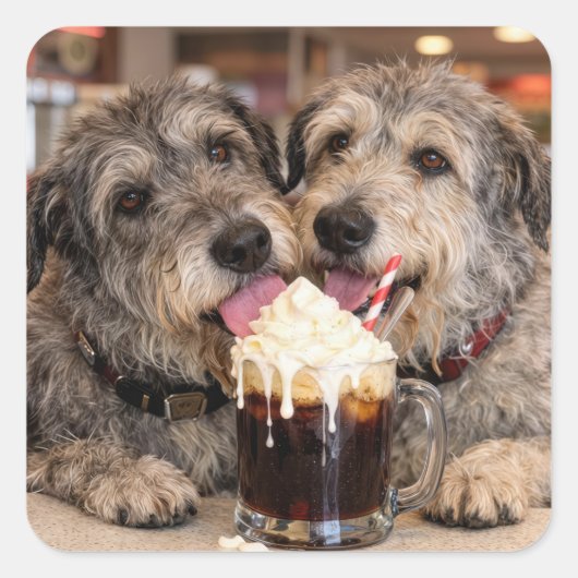 Irish Wolfhound Hunde genießen ein Root Beer Float Quadratischer Aufkleber (Vorderseite)